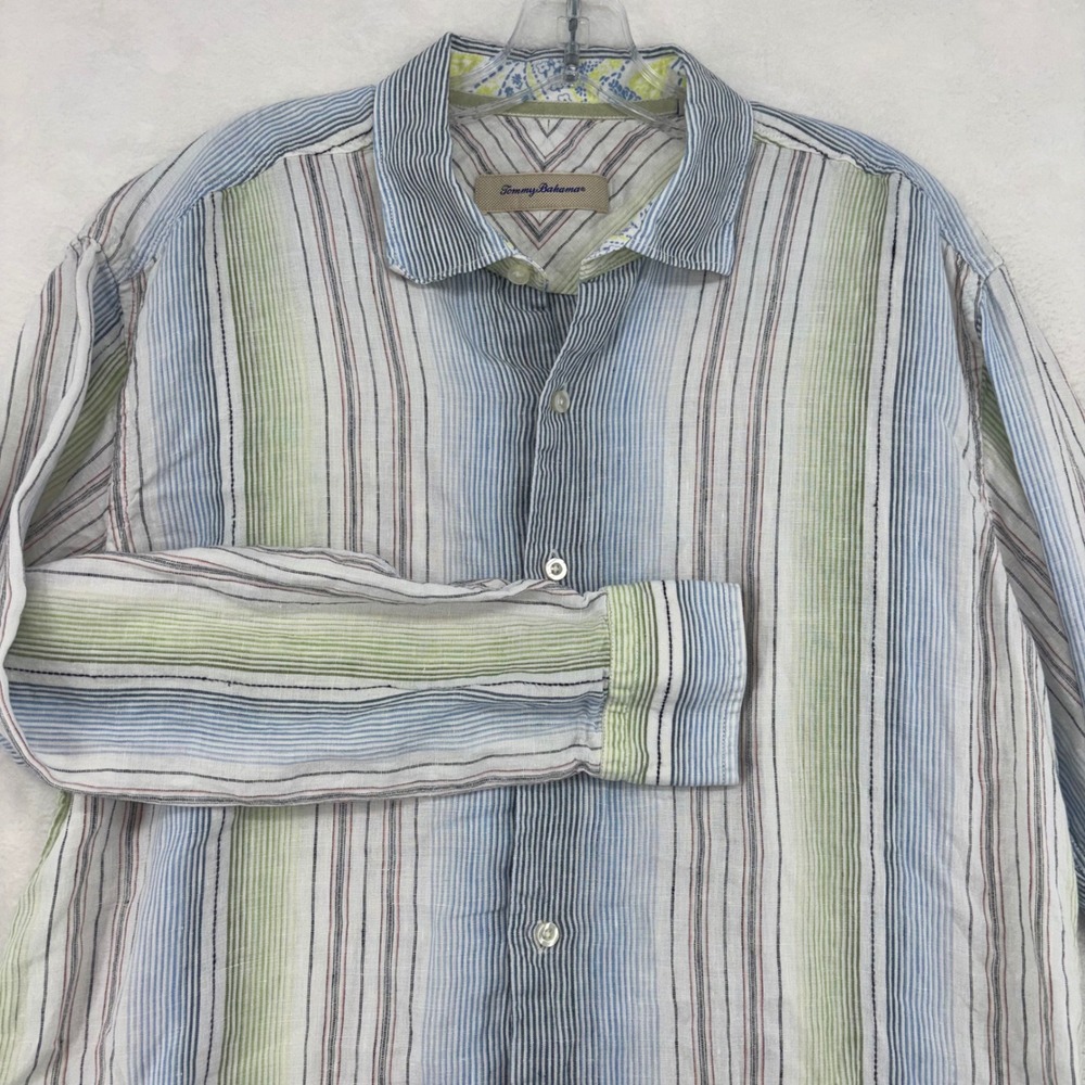 Tommy Bahama Mens Linen Striped Button Up Shirt Blue Green 134-T35339 Large